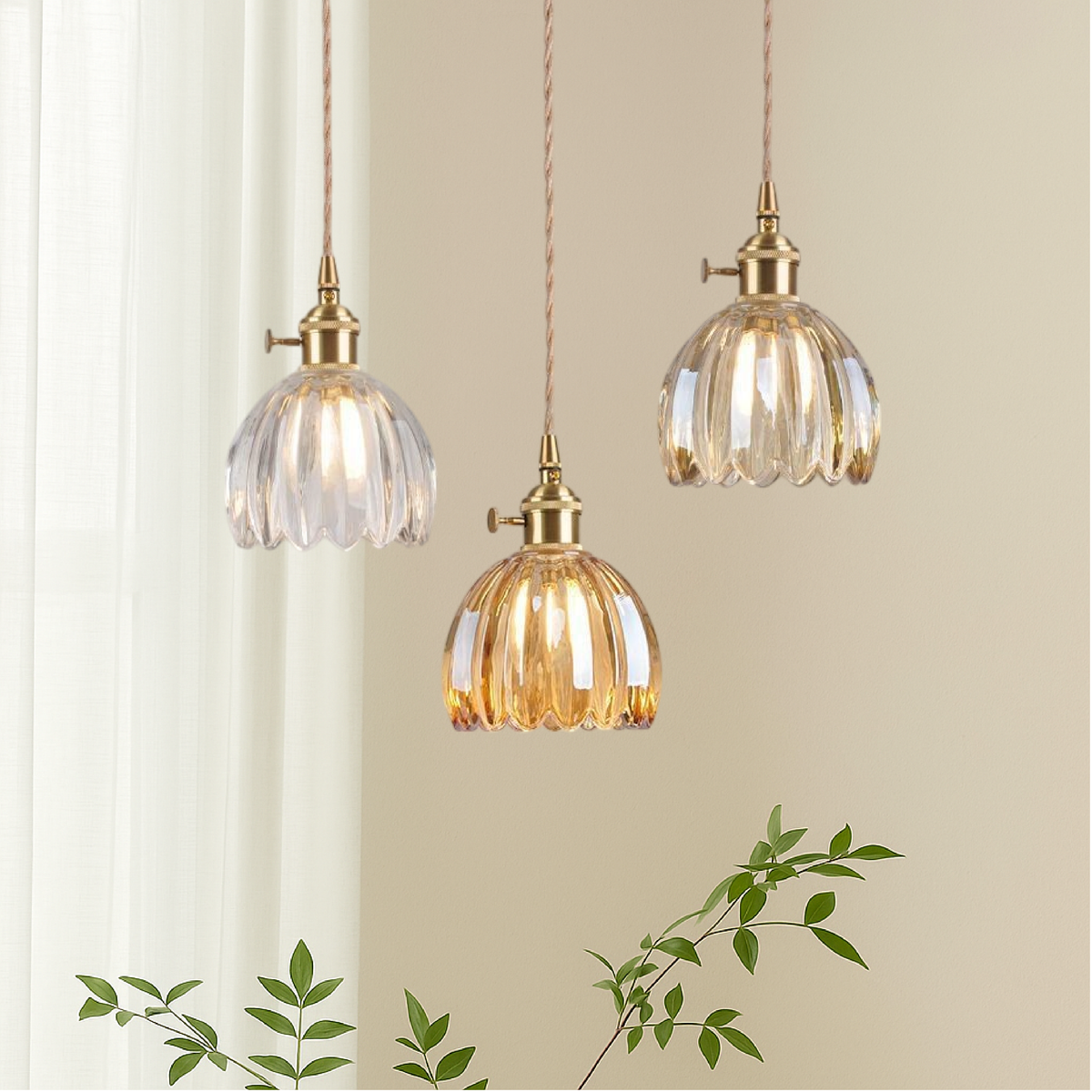 Fluted Glass Hanging Light Fixture 4.7 Inches Compact Globe Pendant Lamp E27 Socket for Kitchen Island Dining Table Bar Counter Ambient Illu