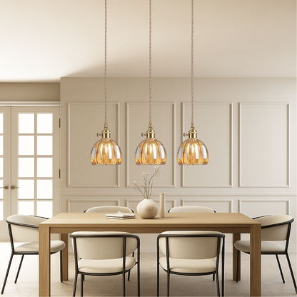 Fluted Glass Hanging Light Fixture 4.7 Inches Compact Globe Pendant Lamp E27 Socket for Kitchen Island Dining Table Bar Counter Ambient Illu