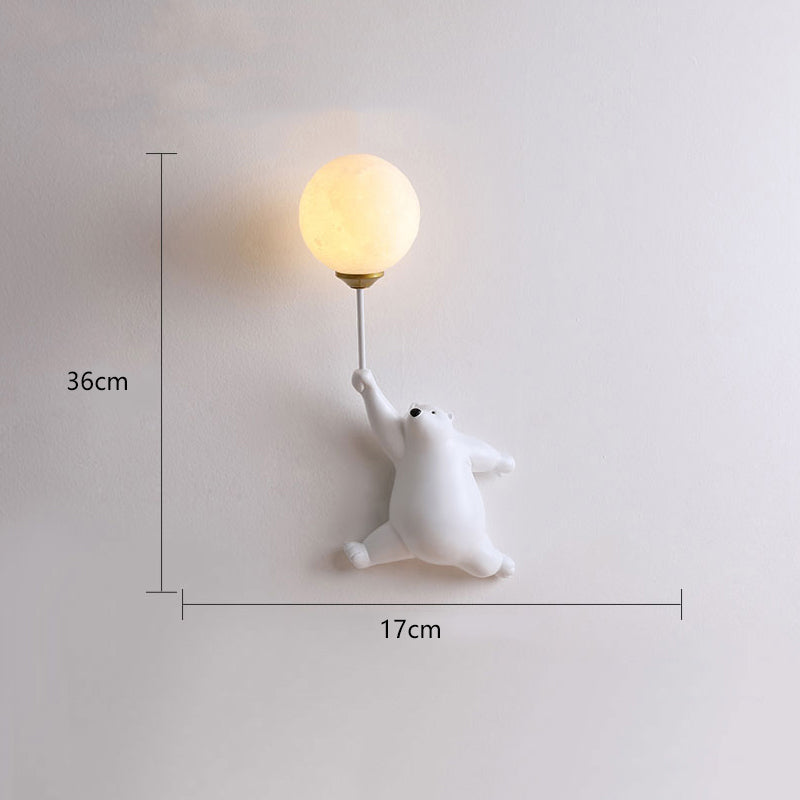 Bear with Balloon Wall Sconce Light for Kids Room Nursery Bedroom Playroom Resin Animal Design Accent Lighting White Blue Pink