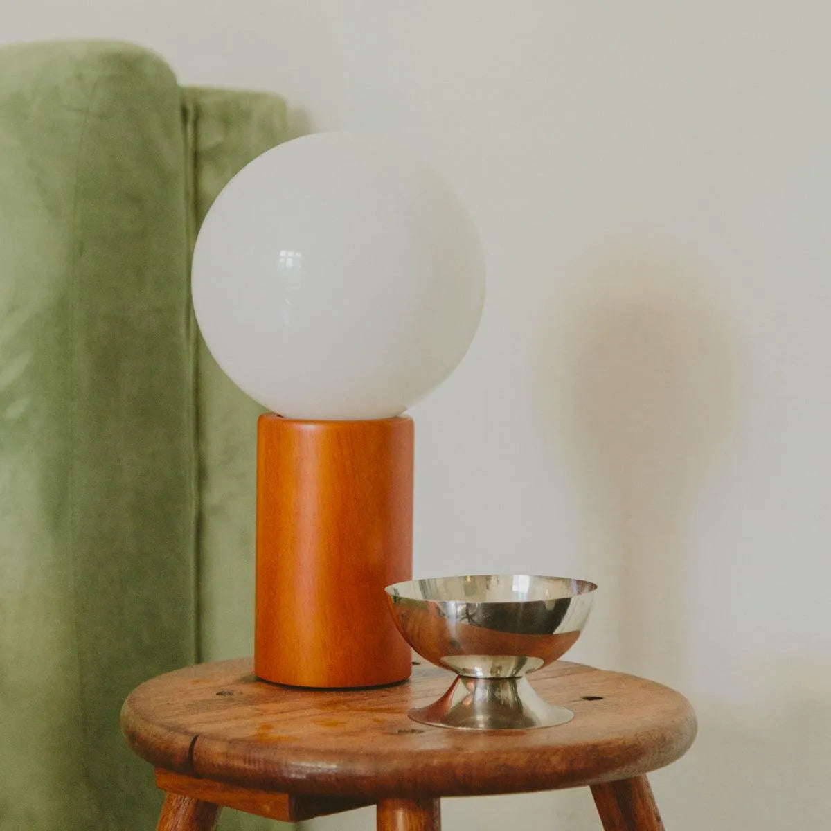 Spherical Glass Shade Nightstand Light 11 in Natural Wood Base Bedside Reading Lamp Retro Accent Illumination for Bedroom Living Room Office