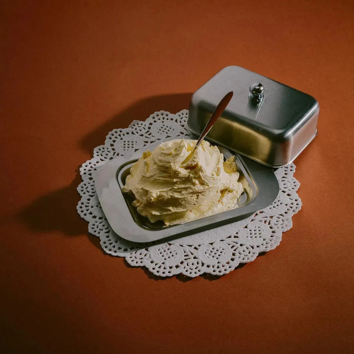 Covered Stainless Steel Keeper for Fresh Dairy 7.5 Inches Kitchen Table Storage Container with Lid Vintage Design
