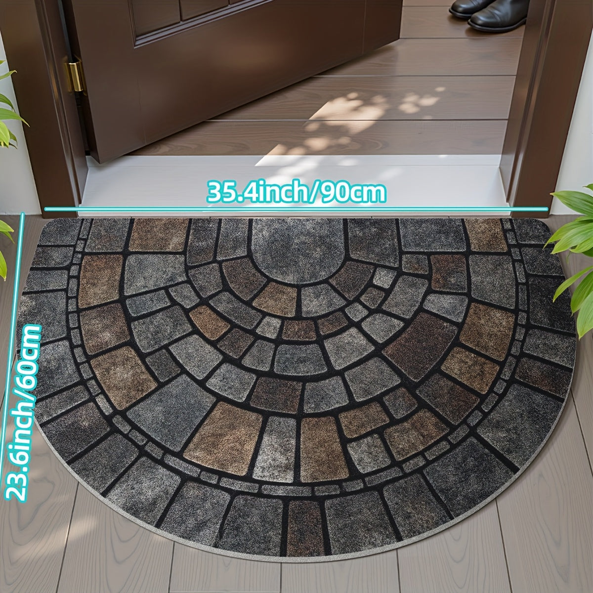 Semicircular Entryway Mat with Cobblestone Pattern for Indoor Outdoor Front Door Patio Garden Non-Slip Polyester Rug