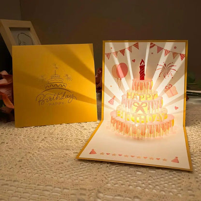 Musical Pop-Up Birthday Card with LED Candle Light | 3D Laser-Cut Cake Design Greeting Card | Sound & Light Keepsake Gift Card for Him or