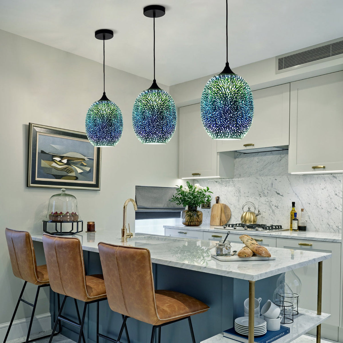 Spherical Hanging Pendant with Iridescent Multi-Hue Glass Shade for Dining Room Kitchen Island Bar Counter Breakfast Nook Entryway Hallway