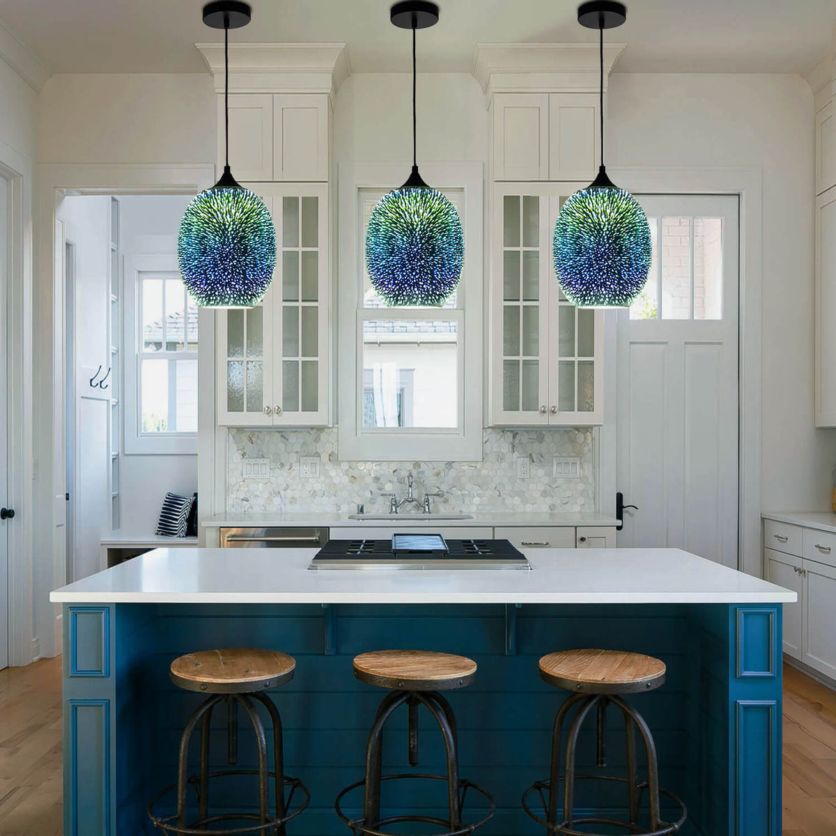 Spherical Hanging Pendant with Iridescent Multi-Hue Glass Shade for Dining Room Kitchen Island Bar Counter Breakfast Nook Entryway Hallway