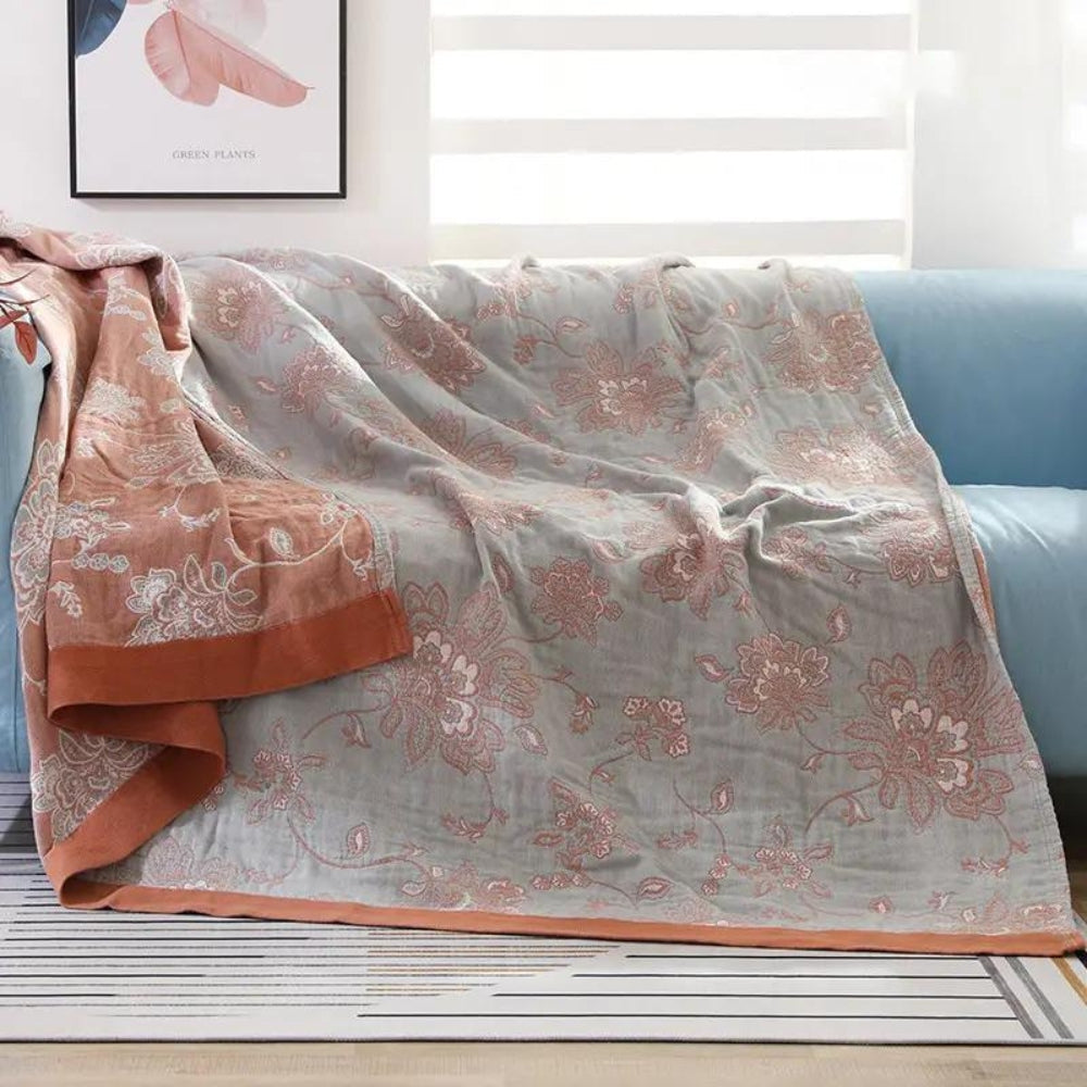 Layered Cotton Gauze Throw Blanket with Botanical Print for Bed or Couch – Lightweight Year-Round Comfort for Bedroom Living Room