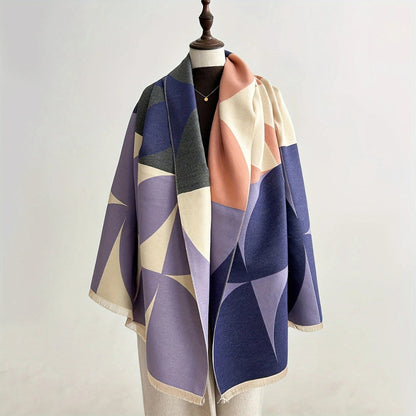 Reversible Geometric Poncho Scarf for Women – Soft Microfiber Winter Wrap, Two-Tone Color Block Design, Machine Washable