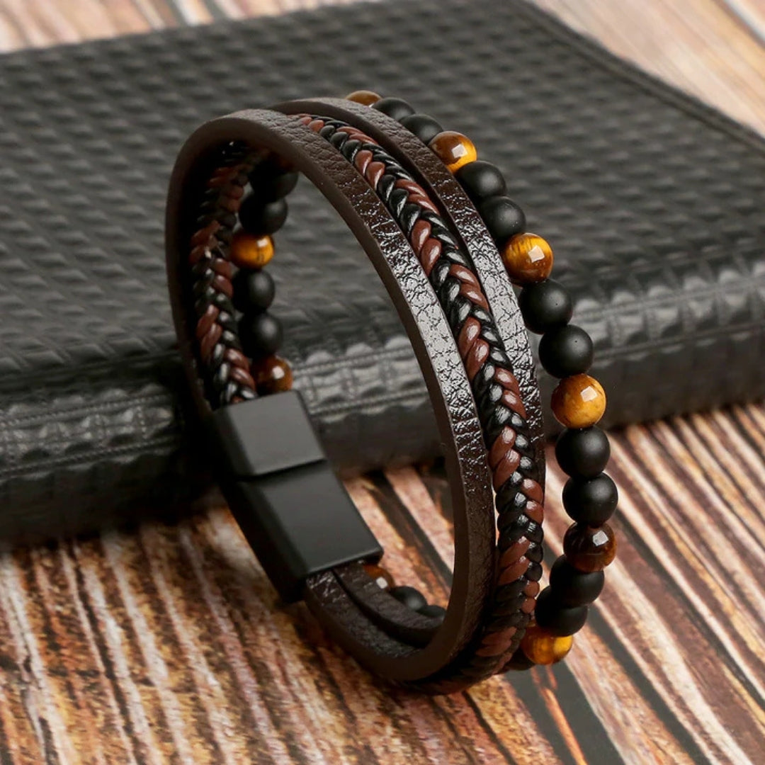 Men's Multi-Strand Magnetic Bracelet – Braided Leather & Beaded Layers for Everyday Style