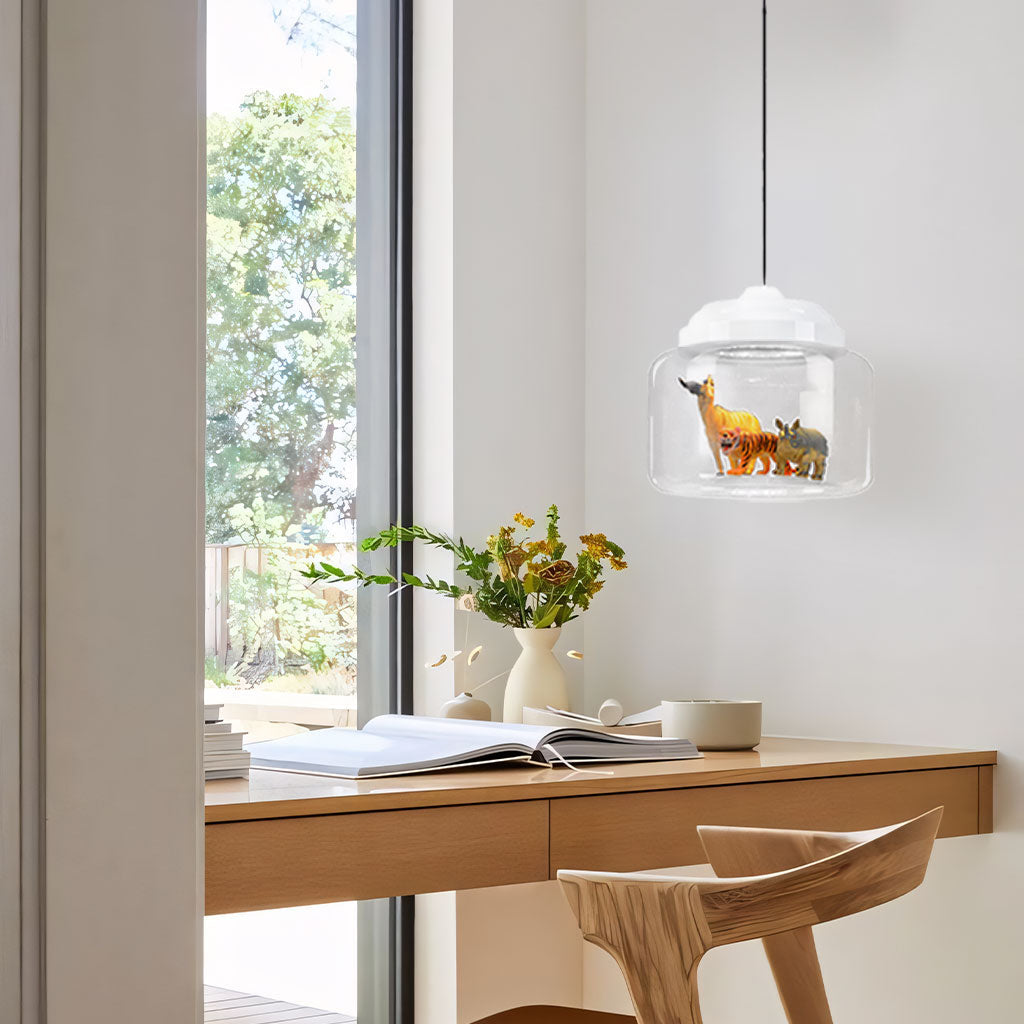 Kids Room Glass Hanging Lamp 8.7 Inches Round Ceiling Light with Fun Animal Characters Nursery Fixture Bedroom Decor for Children Playroom L