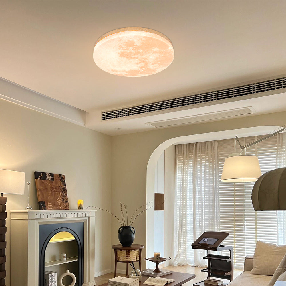 Round Flush Mount LED Fixture Moon Surface Wood & Acrylic 19 in Diameter Low Profile for Bedroom Living Room Hallway Ambient Lighting Japand