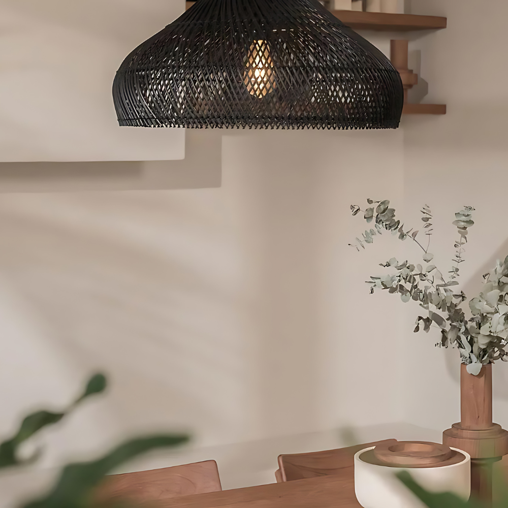 Woven Bamboo Hanging Light 24 Inch Natural Shade Adjustable Cord E26 Socket Boho Farmhouse Ceiling Fixture for Dining Room Kitchen Island Li