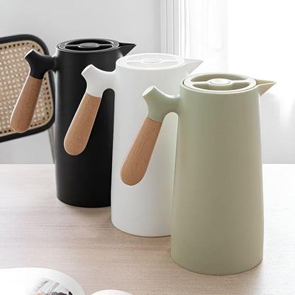 Vacuum Insulated Thermal Carafe 34 oz with Wood Grip – Drip-Free Spout for Coffee & Tea – Home Kitchen & Office