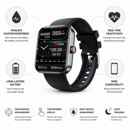 Montre de suivi de la glycémie indolore et non invasive (autonomie de 5 jours)