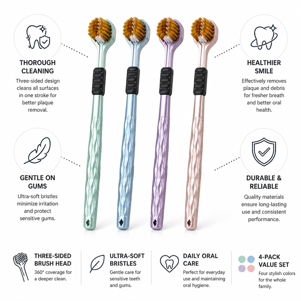 Ultra-Soft Three-Sided Deep-Cleaning Toothbrushes (4-Pack)