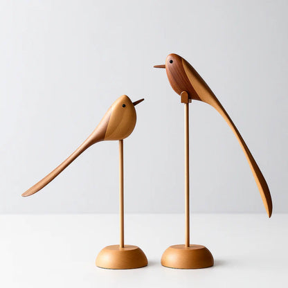 Handcrafted Wooden Bird Sculptures Set of 2 Decorative Figurines Modern Redwood Accent Pieces for Living Room Bedroom Office Mantel