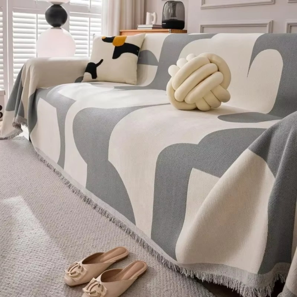 Reversible Chenille Sofa Throw Blanket with Tassels, Soft Jacquard Boho Couch Protector for Living Room, Bedroom, Patio, Machine Washable
