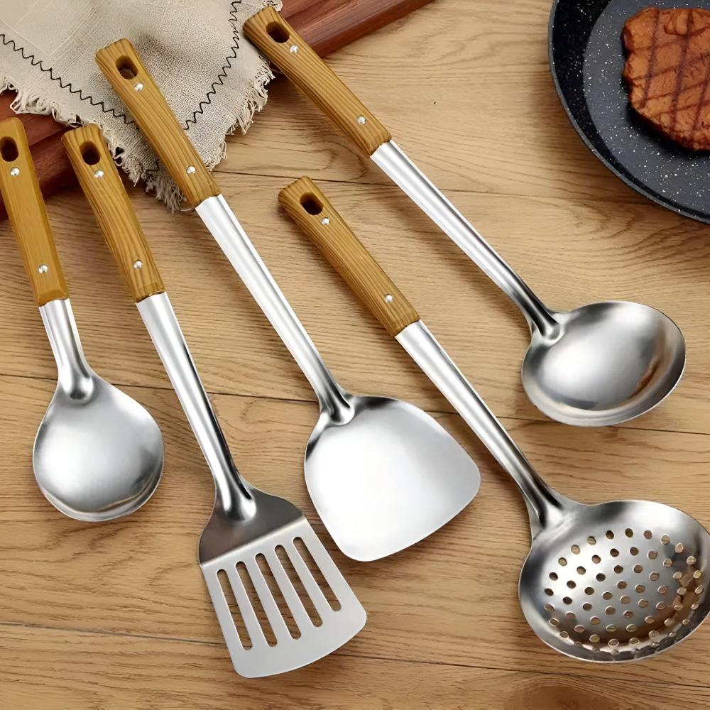 5-Piece Cooking Utensil Set with Wood Handles - Stainless Steel Serving Spoons Spatula Ladle for Nonstick Pans