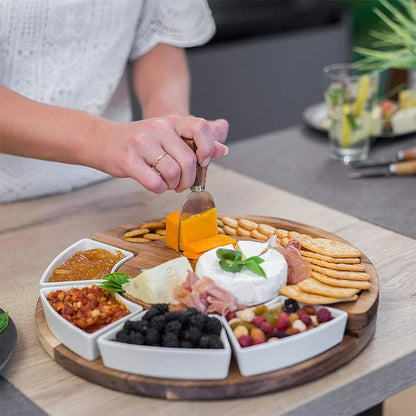 Round Wood Serving Tray with Bowls and Knives 13 Inch Appetizer Platter Set for Entertaining Charcuterie Display Board Natural Acacia Snack