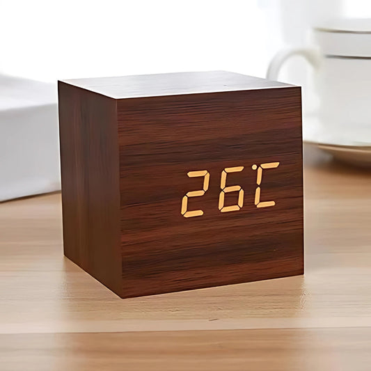Réveil cube LED en bois avec affichage de la température et alimentation USB pour table de chevet, bureau ou chambre
