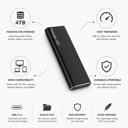 4TB USB-C Portable External Hard Drive (PC & Mac Compatible)