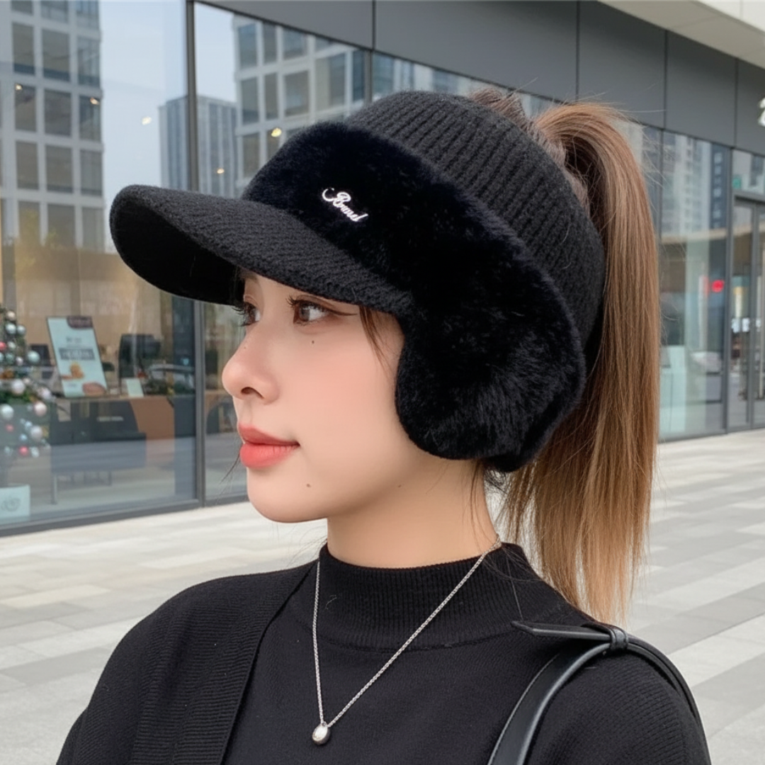 Knit Winter Baseball Cap with Ear Warmers & Ponytail Opening for Women – Insulated Fleece-Lined Sports Beanie Hat