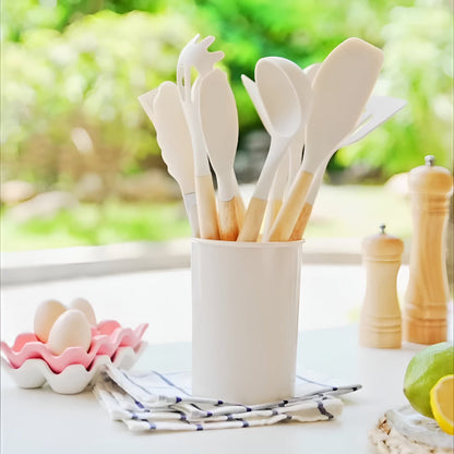 12-Piece Silicone Kitchen Utensil Set with Bamboo Handles and Holder – Heat-Resistant Nonstick Cooking Tools for Home Chefs