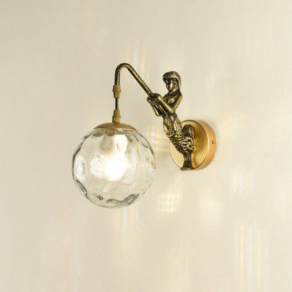 Mermaid Glass Globe Wall Light Fixture Metal Resin Single Sconce Coastal Décor for Bedroom Living Room Hallway Bathroom E26 Hardwired