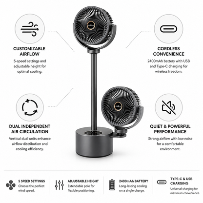 Dual-Head Adjustable Height Floor Fan (USB-C Rechargeable)