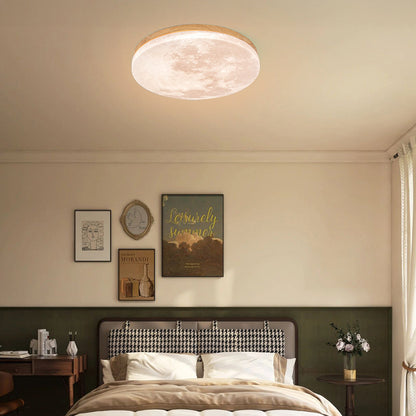 Round Flush Mount LED Ceiling Light with Lunar Surface Design Wood & Acrylic 19 in Diameter for Bedrooms Living Rooms Hallways Modern Ambien