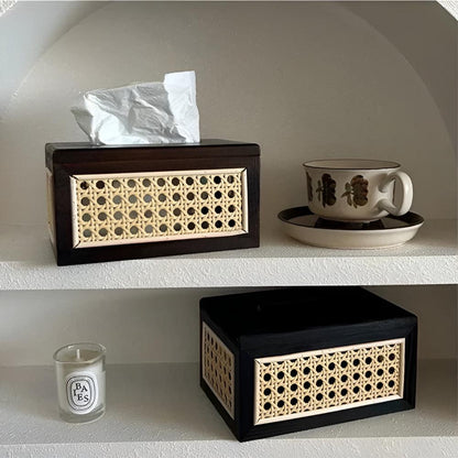 Jade Japandi Tissue Box Cover - Rattan and Wood, Minimalist Design
