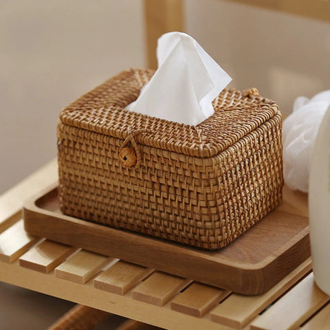 Raven Rattan Tissue Box Cover - Handwoven Natural Elegance