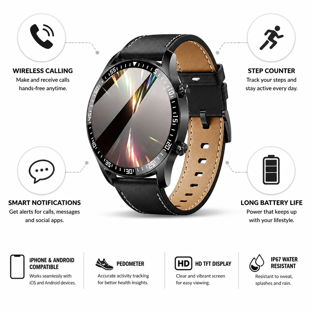Montre connectée avec appels sans fil et podomètre (iPhone et Android)