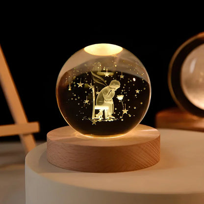 3D Engraved Crystal Planet Sphere Night Light on Wood Base USB Powered Desk Lamp Warm White LED Glow for Bedroom Living Room Nursery Space