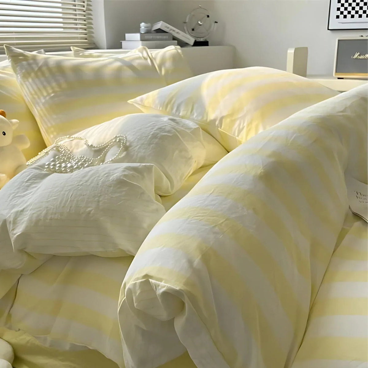 Striped Linen Bed Set King Queen Double Twin Hotel Quality Comforter Cover Fitted Sheet Pillowcases Neutral Bedroom Essentials for Modern &