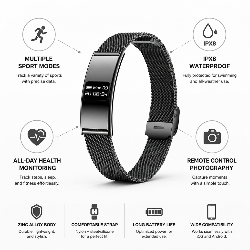 Bracelet connecté étanche IPX8 en alliage de zinc
