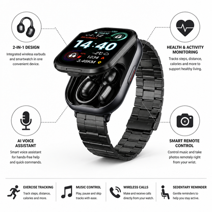 Montre connectée à écran tactile HD avec écouteurs sans fil intégrés