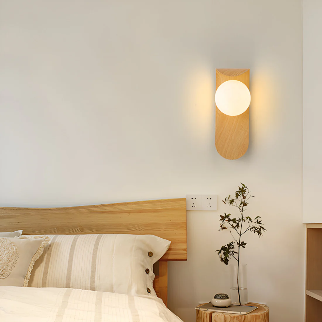LED Wood Wall Sconce with Frosted Globe Shade for Bedroom & Hallway | Scandinavian Design Bedside Reading Light | 10 in Vertical Compact Fix