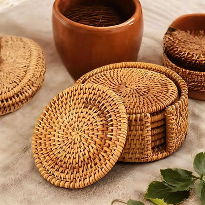 Woven Drink Coaster Set with Storage Holder – Natural Bamboo Finish for Hot & Cold Beverages, Coffee Table Protection