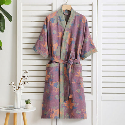 Cotton Gauze Robe with Vintage Print – Lightweight Breathable Loungewear for Women | Soft Double-Layer Spa Robe for Home Relaxation