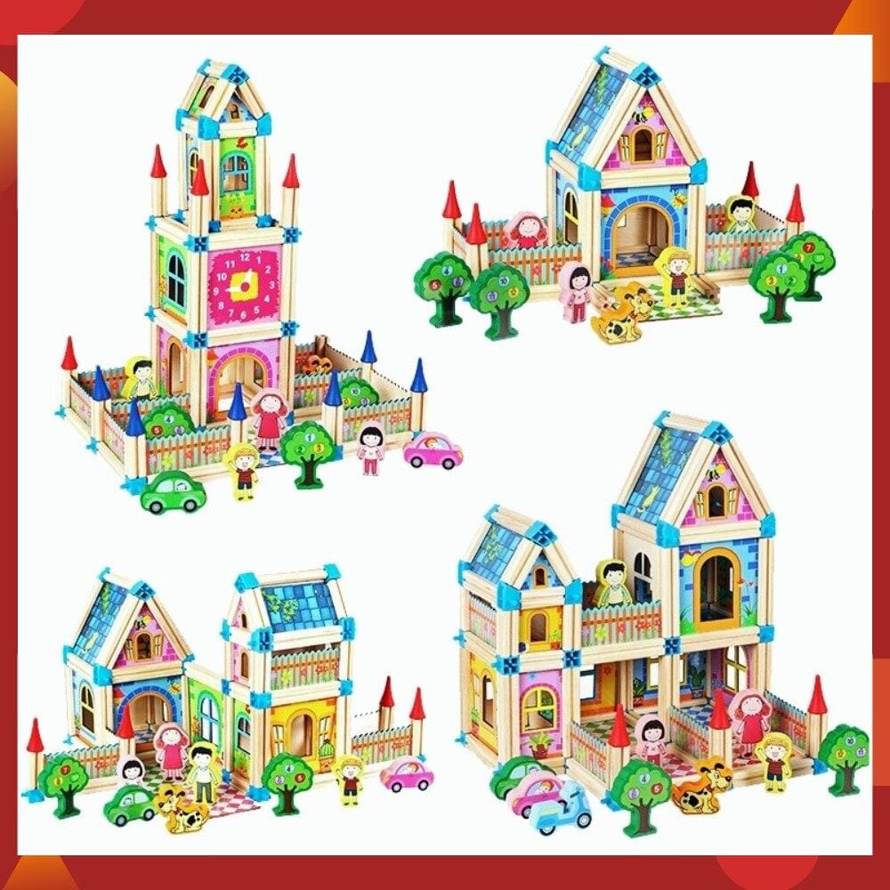 Wooden Modular Dollhouse Construction Set – Creative Building Activity for Kids Age 2+ with Architectural Pieces, Doors & Windows