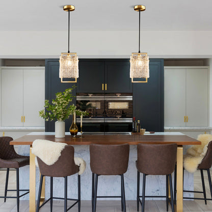 Square Cage Pendant Light Fixture with Textured Glass Shade & Gold Frame for Dining Room, Kitchen Island, Bedroom