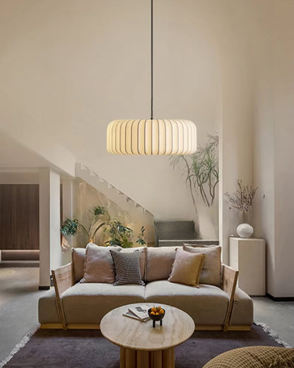 Fabric Drum Shade Hanging Light 22-Inch Neutral Tone for Dining Room Kitchen Island Modern Japandi Style E27 Socket
