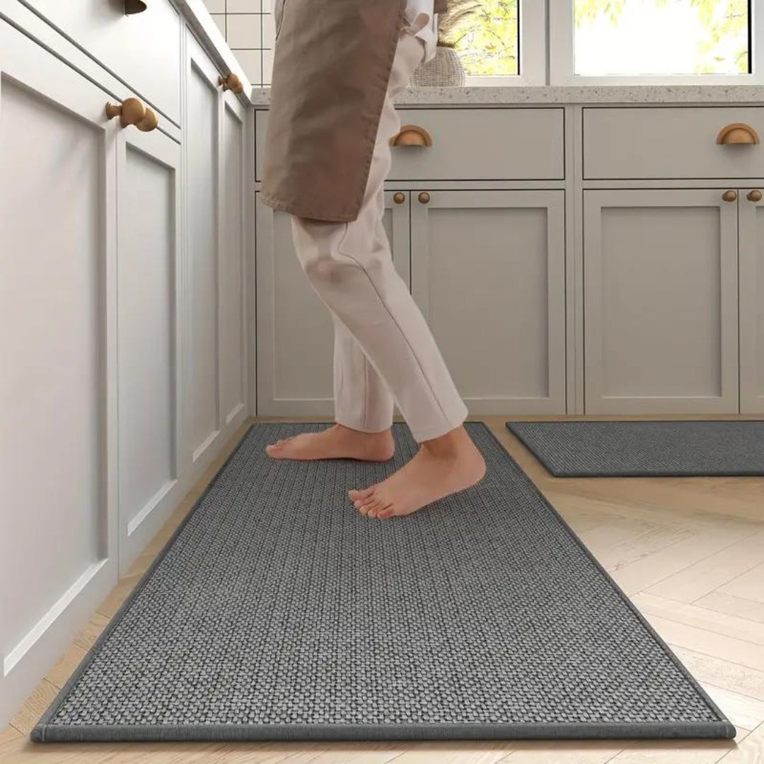 Anti-Fatigue Kitchen Floor Mat Set 2-Piece Cushioned PVC Foam Non-Slip Runner Beige Washable Comfort Rug for Cooking Prep Sink Area Standing