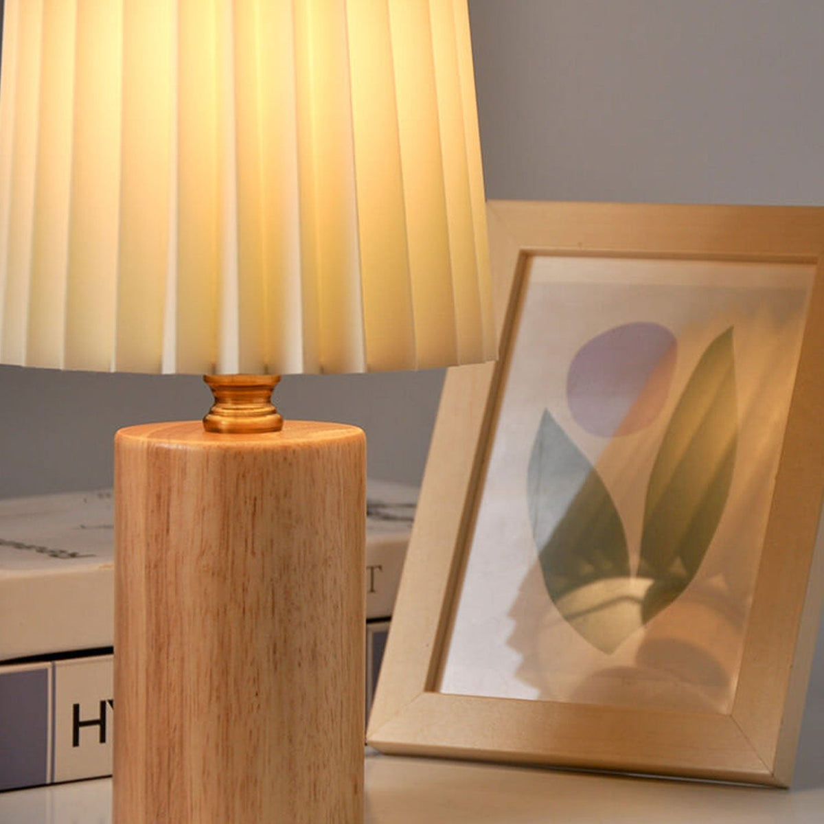 Pleated Fabric Accent Lamp with Cylindrical Wooden Base – Bedside Reading Light for Bedroom & Living Room