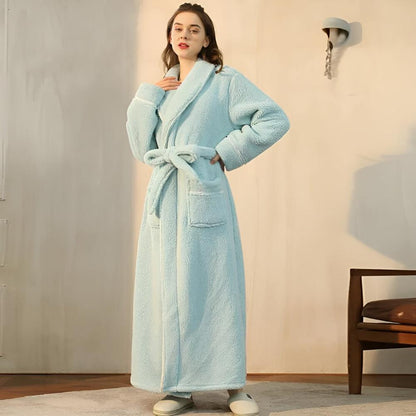 Plush Coral Fleece Bathrobe with Shawl Collar & Pockets – Unisex Lounge Robe for Year-Round Wear
