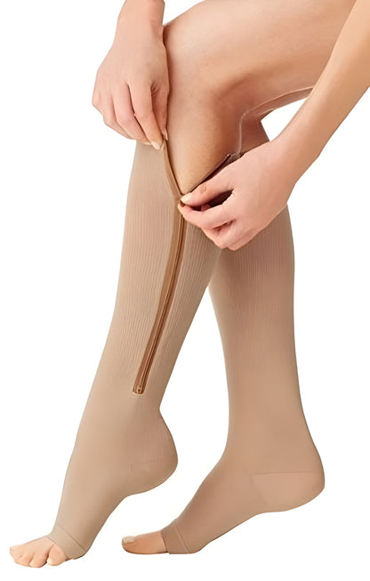 Open-Toe Knee-High Compression Socks with Side Zipper for Men & Women | Firm 20-30 mmHg Leg Support Stockings for Circulation, Swelling & Va
