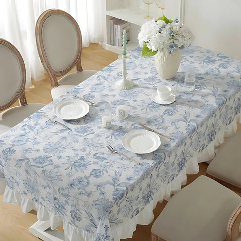 Delfina Lace Tablecloth - Blue Floral Cotton, Ruffled Edges