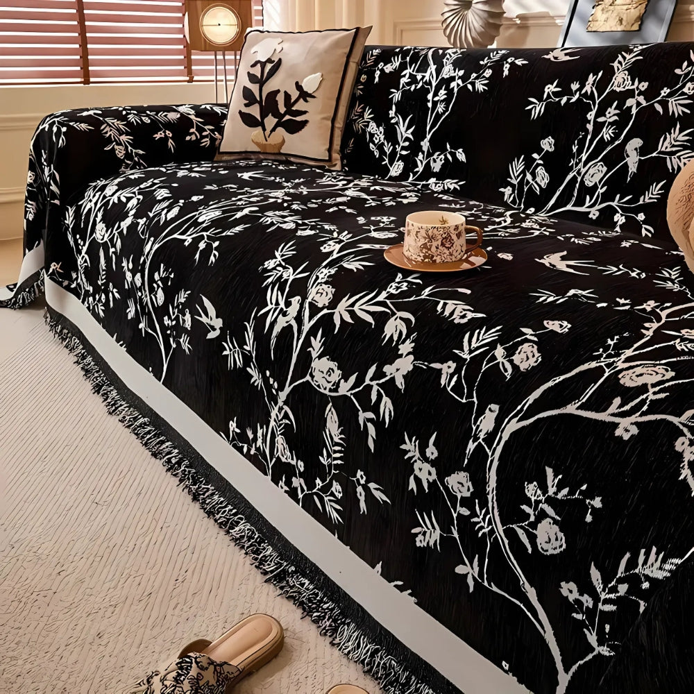 Plaid de canapé en chenille texturée à pompons – Housse de canapé en jacquard floral pour salon, résistante aux animaux et antidérapante