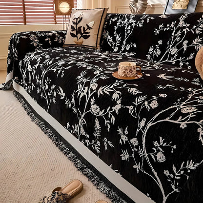 Plaid de canapé en chenille texturée à pompons – Housse de canapé en jacquard floral pour salon, résistante aux animaux et antidérapante