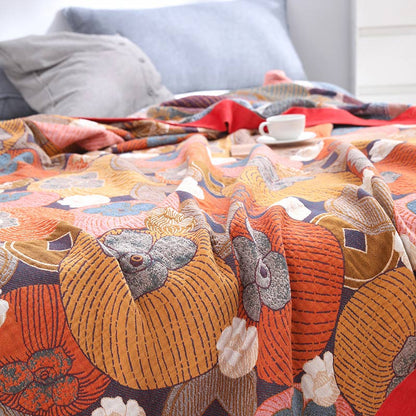 Reversible Cotton Gauze Quilt with Persimmon Pattern - Lightweight Summer Blanket for Bed, Sofa & Travel - Queen, King & Full Sizes